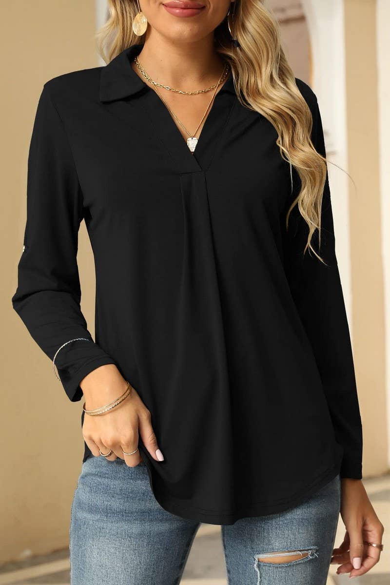 CWTBLL3627_AUTUMN ELASTIC V-NECK LONG-SLEEVED T-SHIRT TOP
