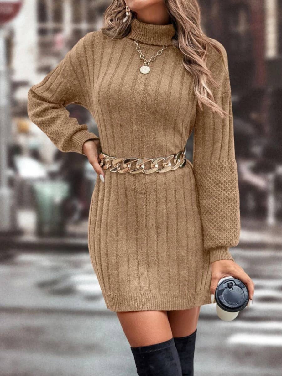 CASUAL LOOSE KNIT SHORT TURTLENECK SWEATER DRESS