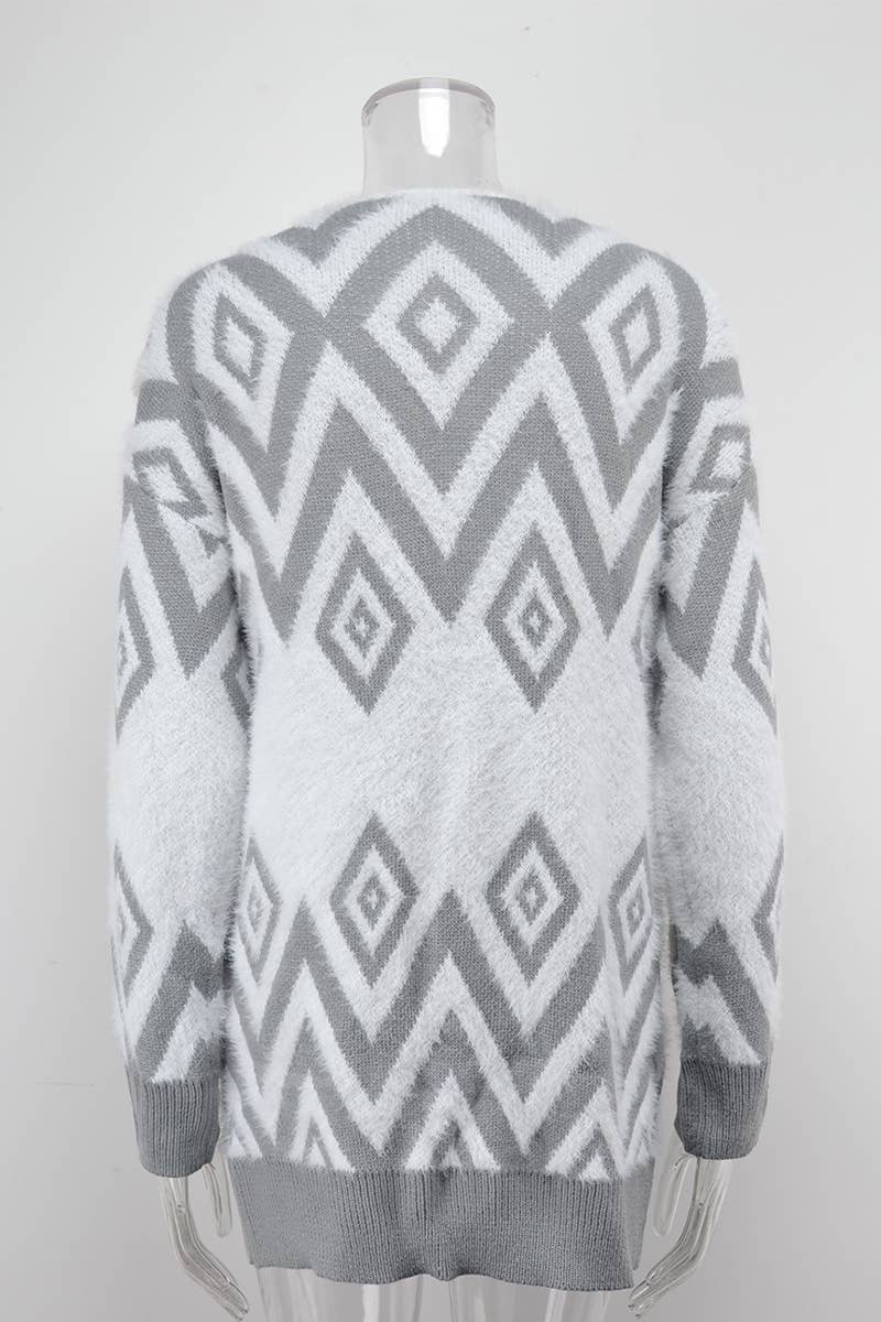 DIAMOND JACQUARD FLEECE UNBUTTONED CARDIGAN