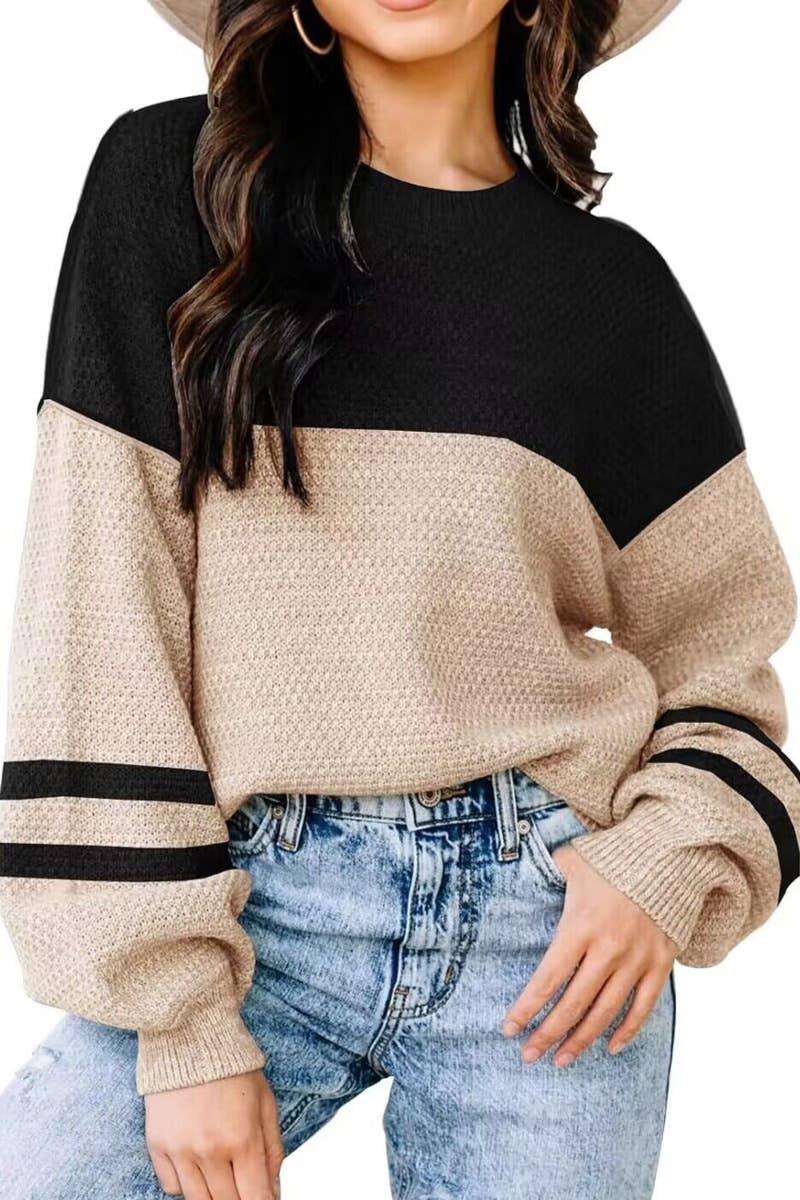 CWOSWL5180_CREW-NECK PATCHWORK LONG-SLEEVED SWEATER