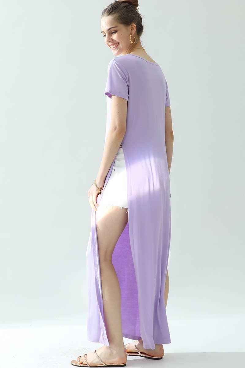 CWDMD824_ROUND NECK SHORT SLEEVE LONG DRESS WITH SLIT