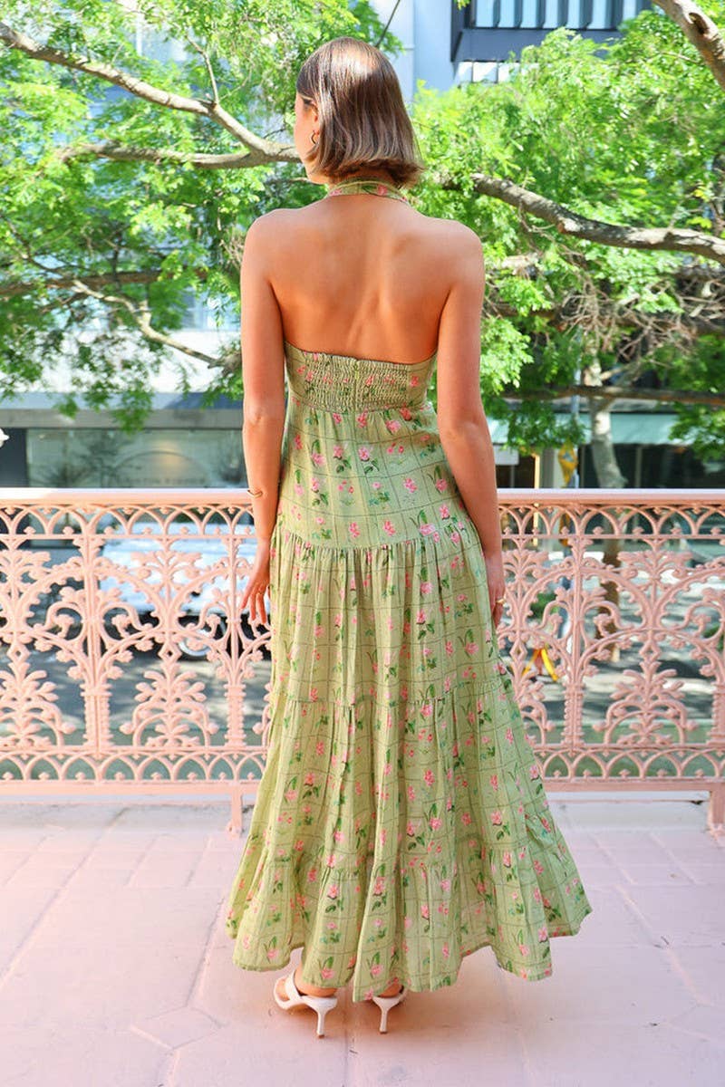 CWDHL0948_ELEGANT FLORAL HALTER BACKLESS A-LINE MAXI DRESS