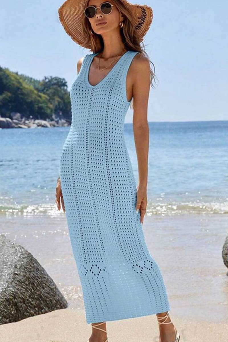CWDHL0645_SOLID COLOR KNIT HOLLOW LONG VEST DRESS