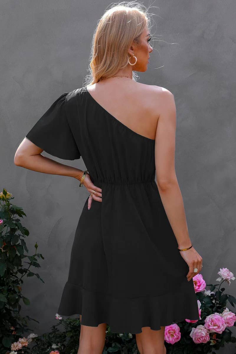 CWDSD7942_ASYMMETRICAL ONE SLEEVE RUFFLED HIGH WAIST DRESS