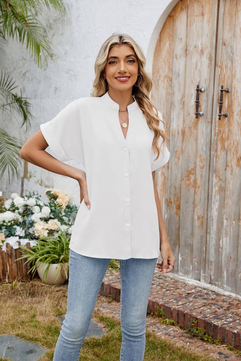 CWTBLS2280_SOLID V-NECK BUTTON DOWN CASUAL SHIRT TEE TOP