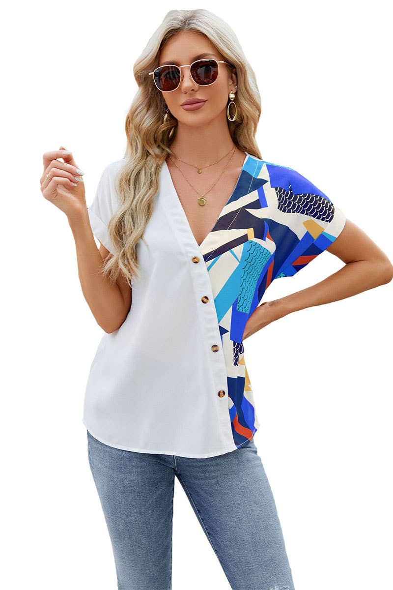 CWTBLS0297_V-Neck Button Detailed Shirt Sleeve Top