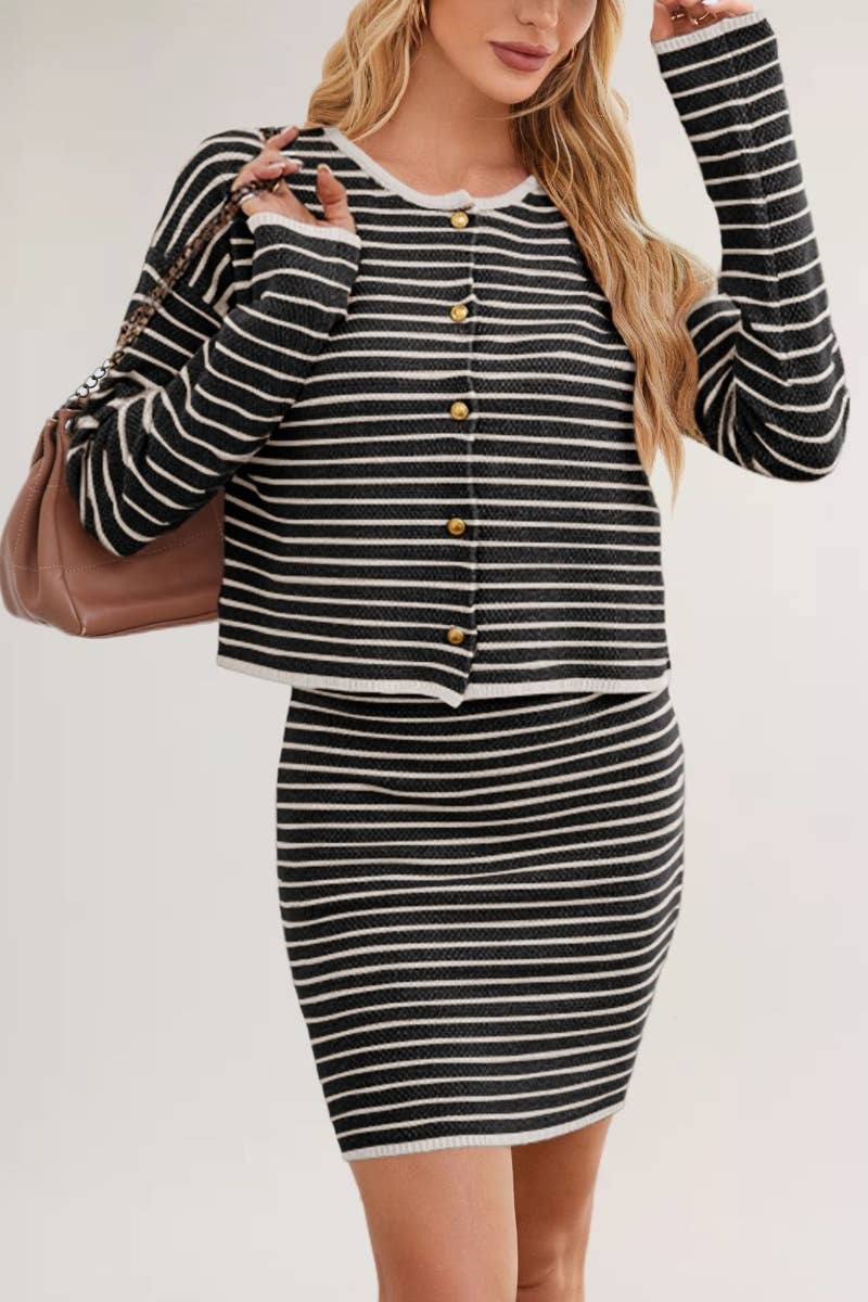 CWSS0856_SWEATER STRIPED LONG SLEEVE CARDIGAN SKIRT SUIT