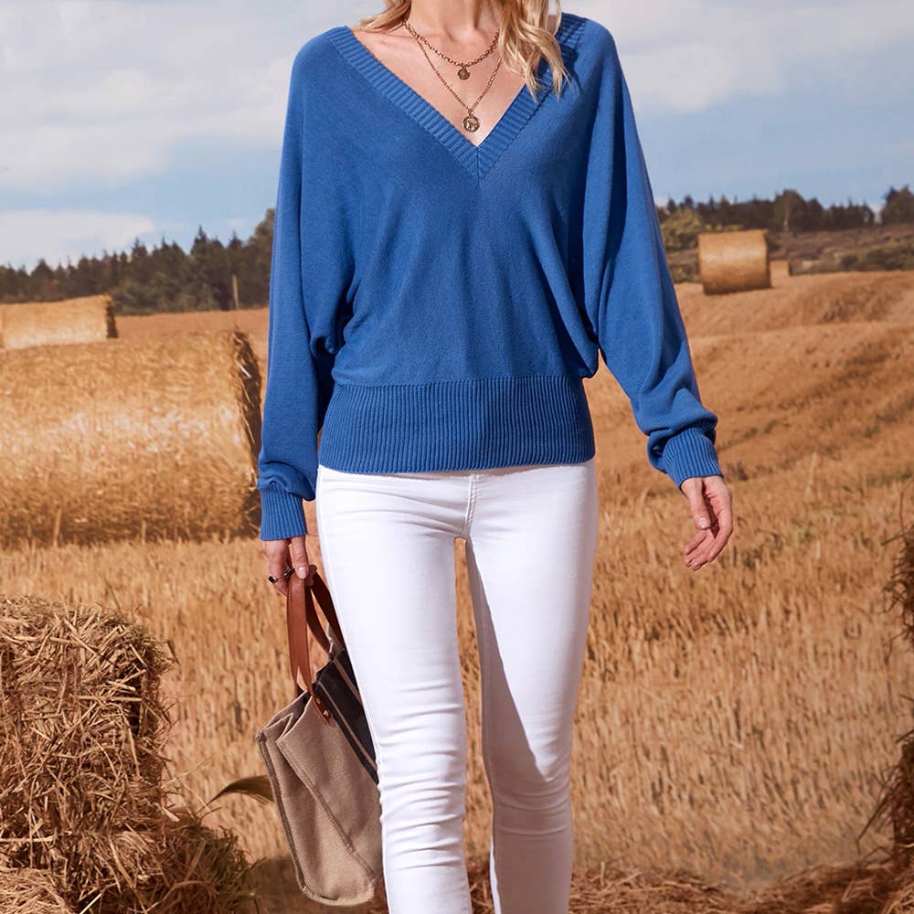 BAT-SLEEVED V-NECK SOLID COLOR KNIT BASE SWEATER