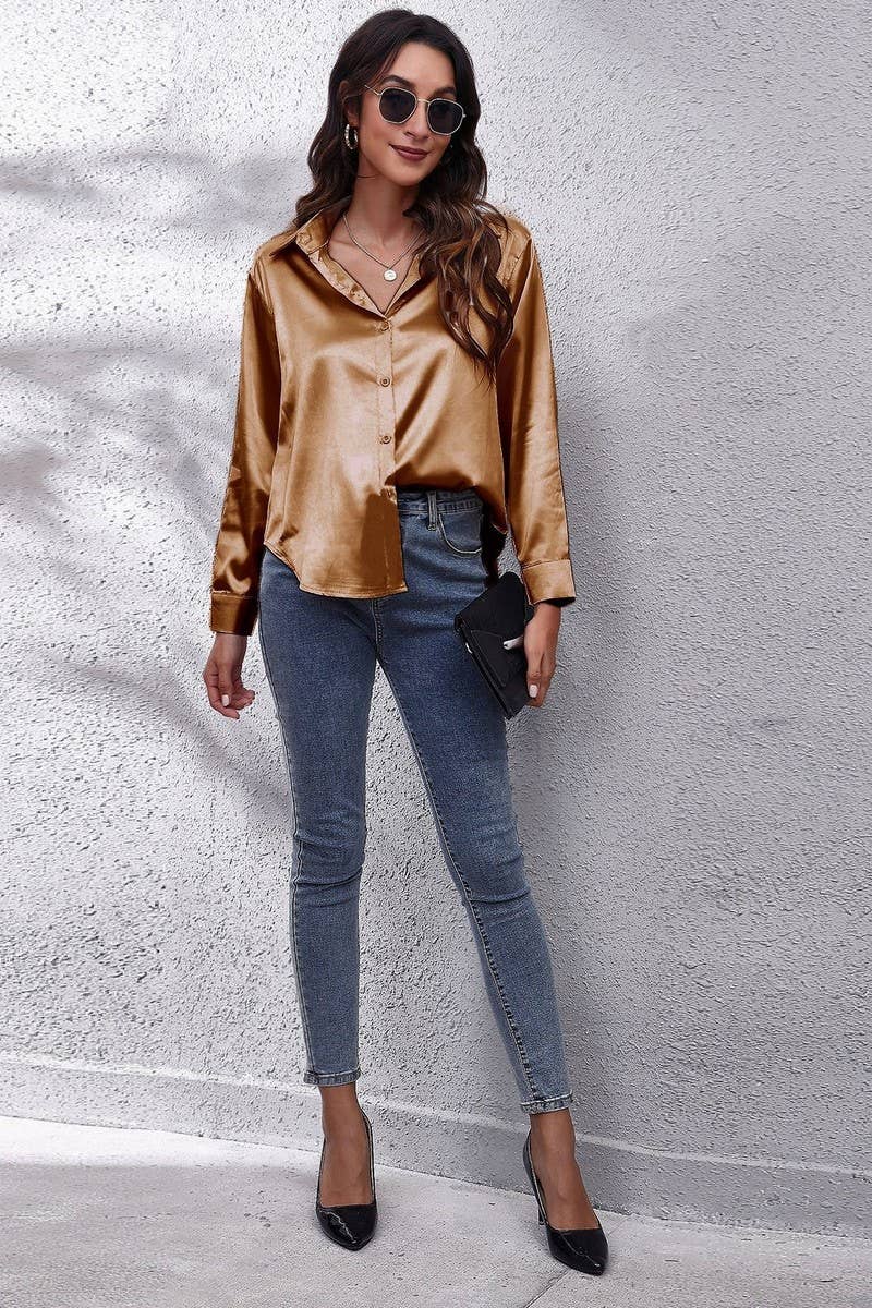 CWTBLL0691_Button Down Silky Satin Long Sleeve Top