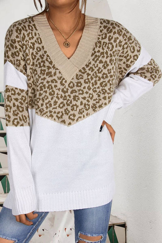CWOSWL5139_V-NECK LEOPARD PRINT LONG-SLEEVED SWEATER