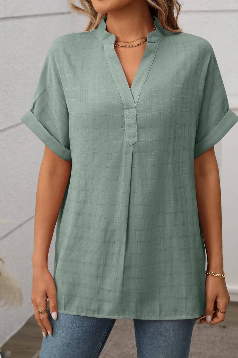 CWTBLS1720_V-NECK STRIPED LOOSE CHECK SHORT-SLEEVED SHIRT