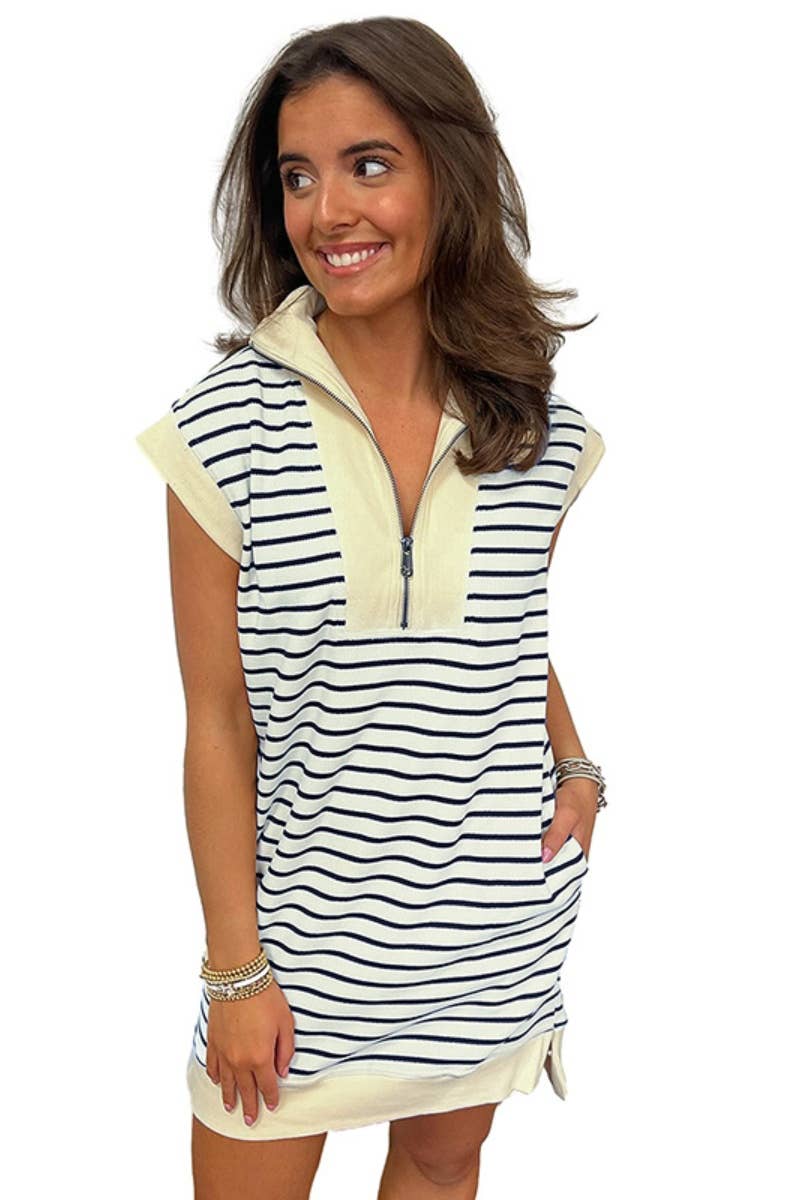 CWDSD5233_ZIP COLLAR SHORT SLEEVE STRIPED DRESS SHORT