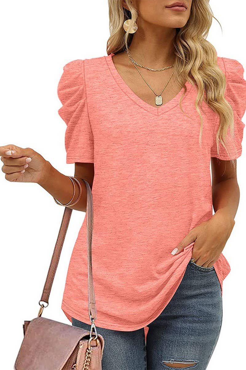 CWTTS00710_SUMMER V-NECK CASUAL SOLID COLOR TOP