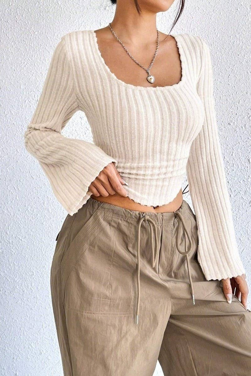 CWTBLL2747_SOLID COLOR SQUARE NECK FLARED LONG SLEEVE TOP