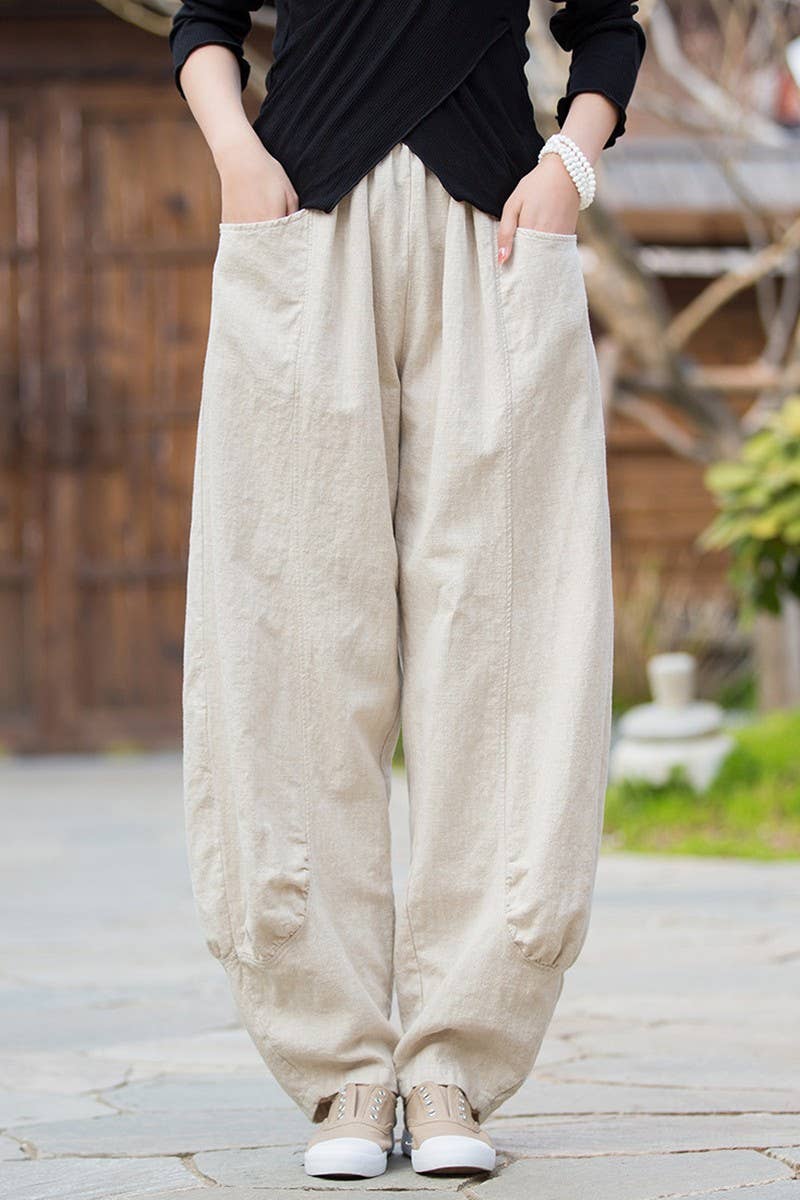 CWBLP1379_SOLID COLOR RAMIE SAND-WASHED WIDE-LEG PANTS