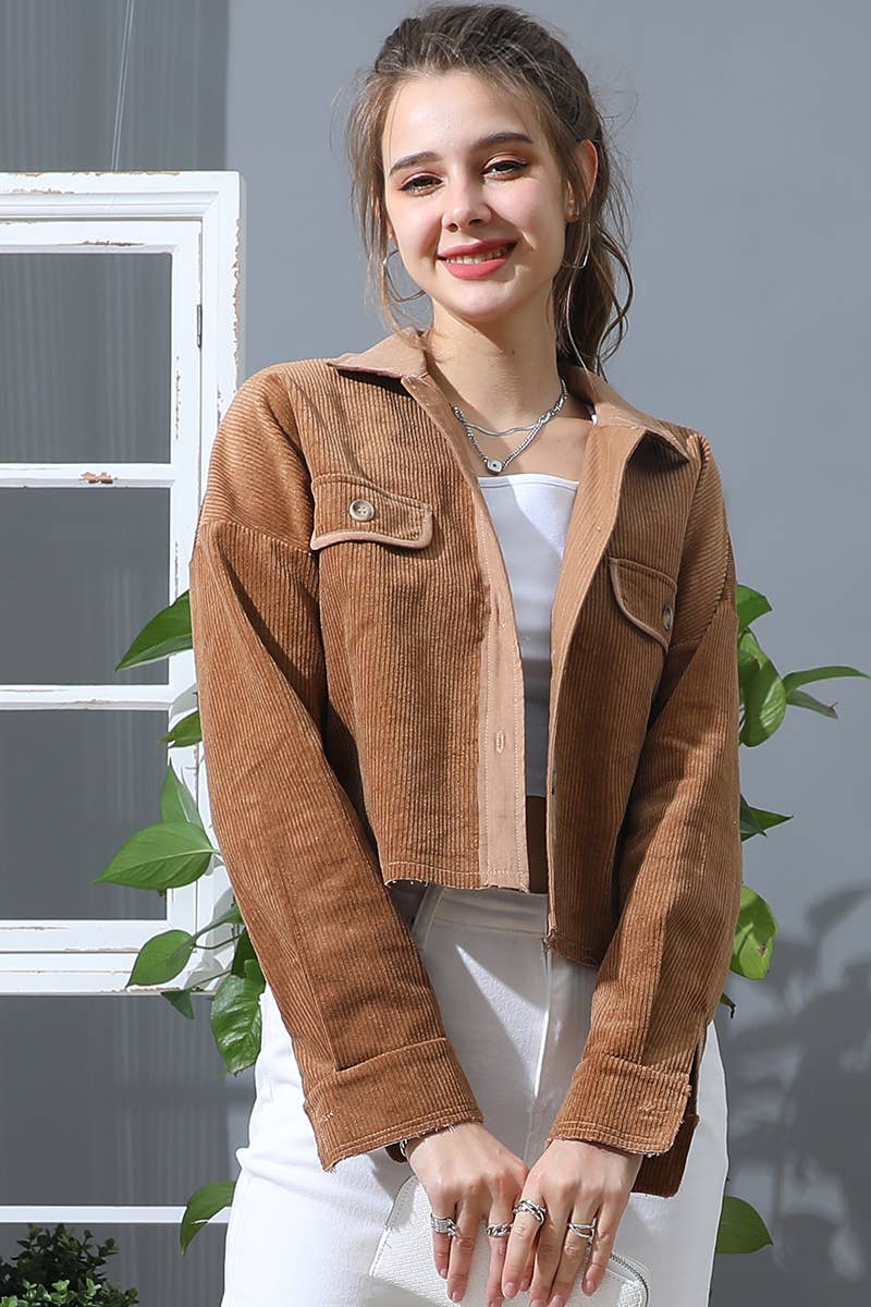 CWOJA703_LONG SLEEVE BUTTONED FRONT POCKETS CASUAL SHACKET