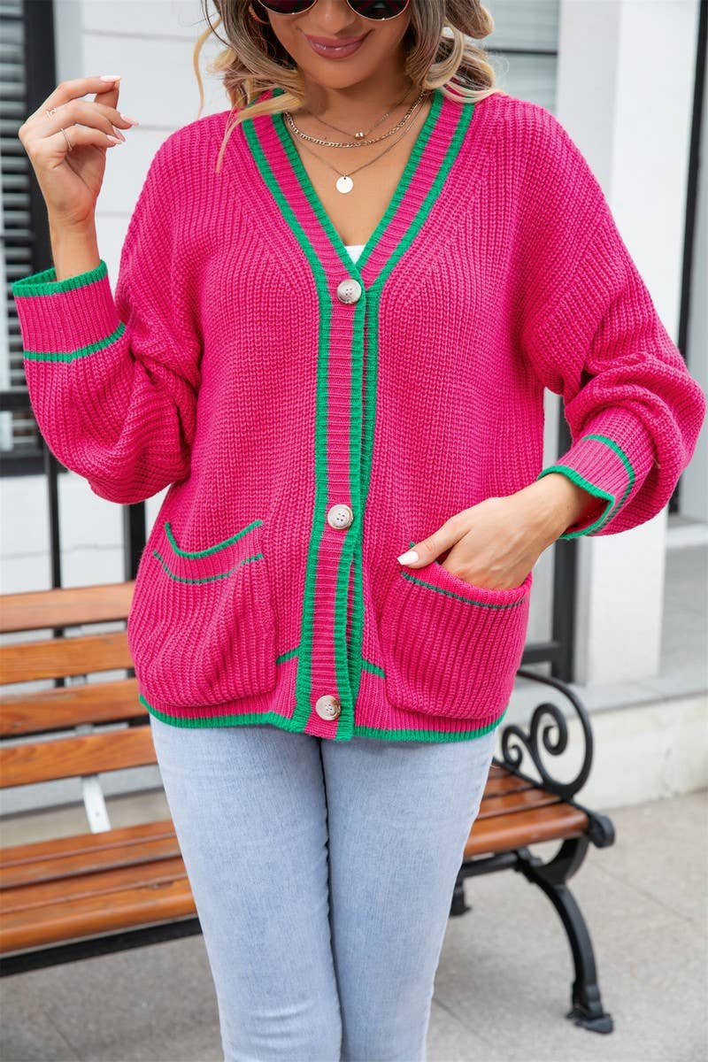 CWOSWL1670_Button Down Sleeve  V-Neck Cardigan Sweater