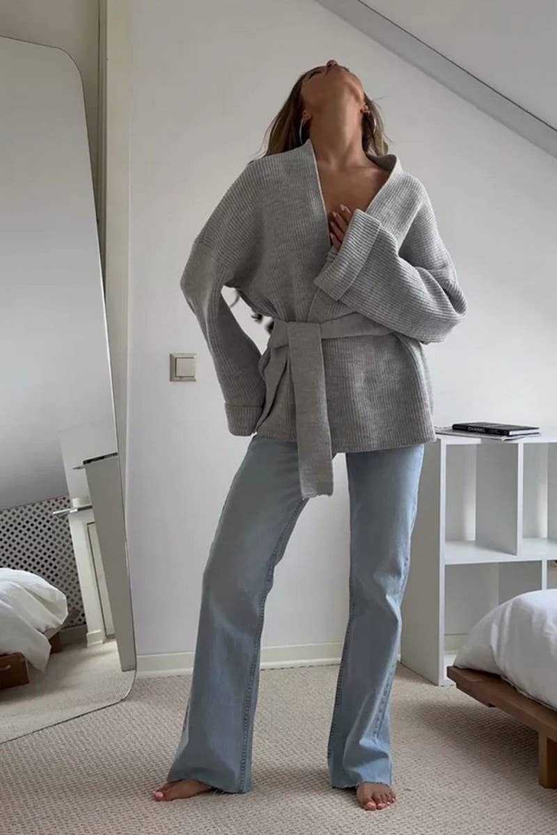 CWOCAL2240_SOLID COLOR LACE-UP LOOSE ROBE KNITTED CARDIGAN