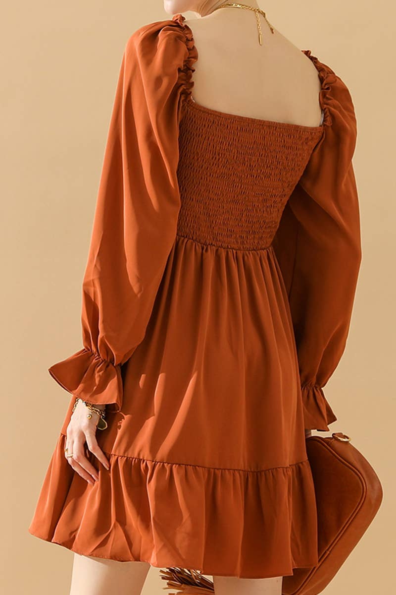 CWDSD10342_RUFFLE HIGH WAIST LONG SLEEVE CASUAL DRESS