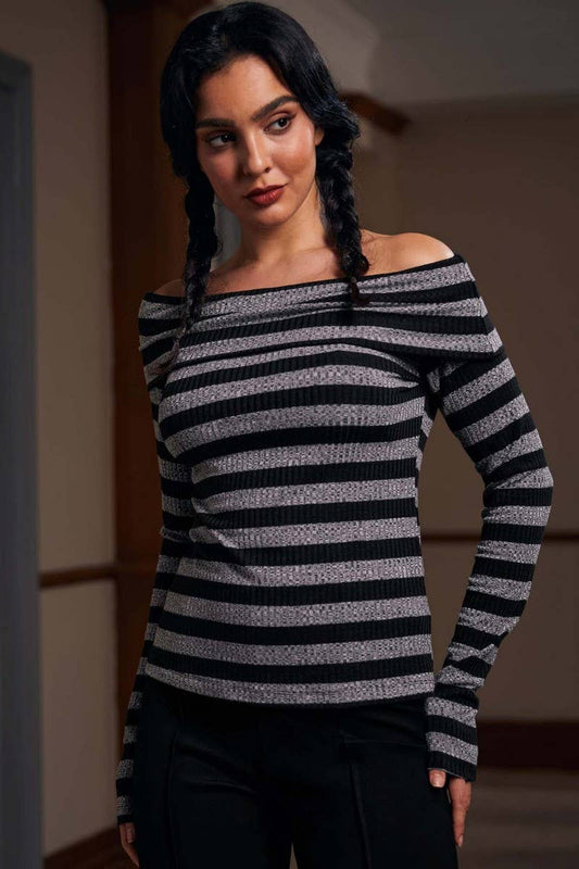 CWTBLL3967_COLORBLOCK OFF SHOULDER STRIPED SLIM FIT TEE