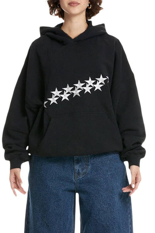 CWOHOL1115_STAR LETTER EMBROIDERED STREETWEAR UNISEX HOODIE