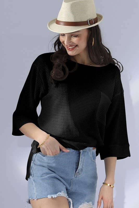 CWTTS696_ROUND NECK ROLLED SHORT SLEEVE TUNIC TOP