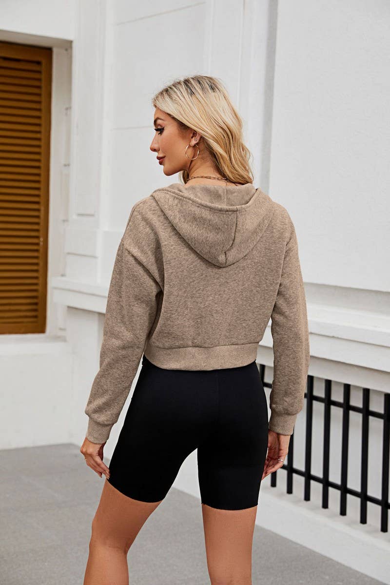 CWOCO0891_SHORT ZIPPER HOODED DRAWSTRING SWEATSHIRT