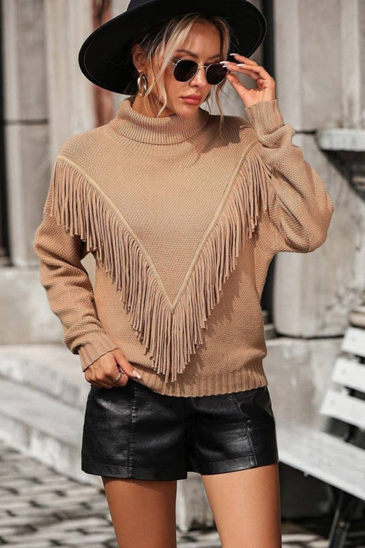 CWOSWL604 Turtle neck Fringe Tassel Pullover Sweater