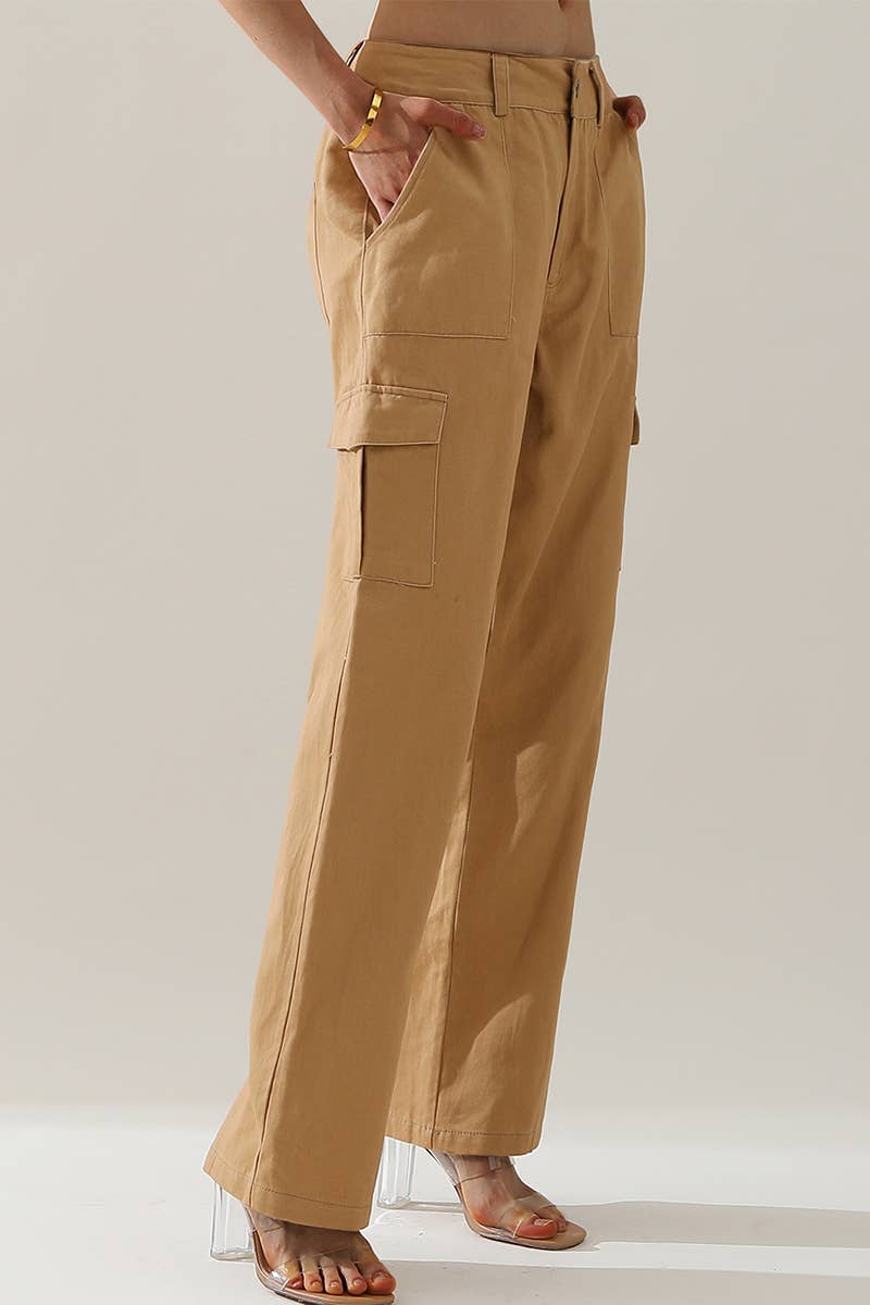 CWBLP421_Cargo Cotton Pants Wide Leg Casual Pants 4 Pockets