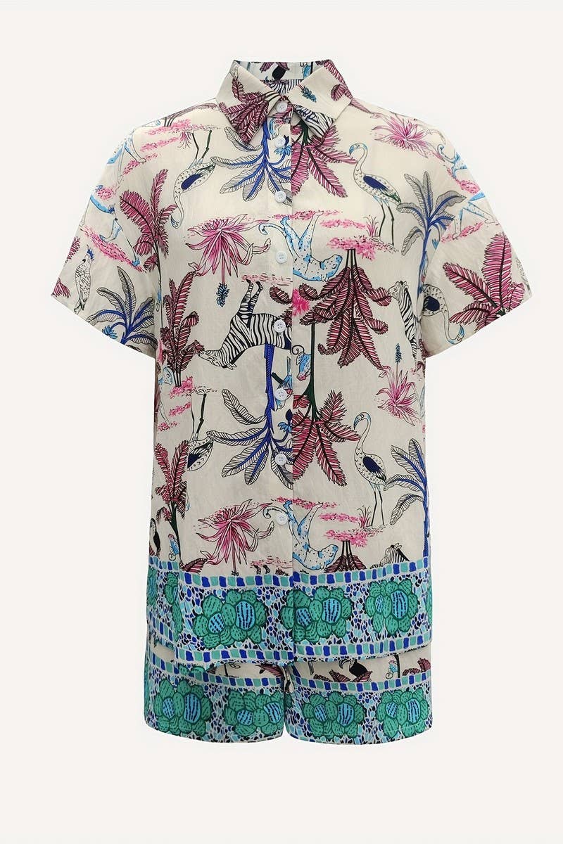 CWSTB2134_BOHO PRINT COLLAR TEE & ELASTIC WAIST SHORTS SET