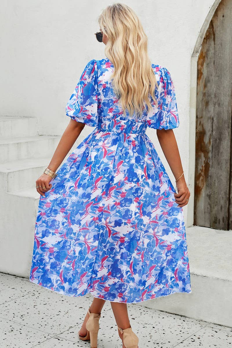 CWDMD0995_Deep V-Neck Short Sleeve Floral Print Midi Dresses