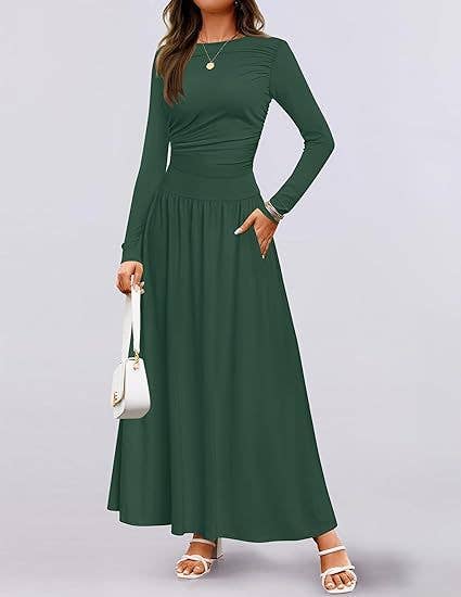 CREW NECK PLEATED POCKET SLIM LONG-SLEEVE DRESS