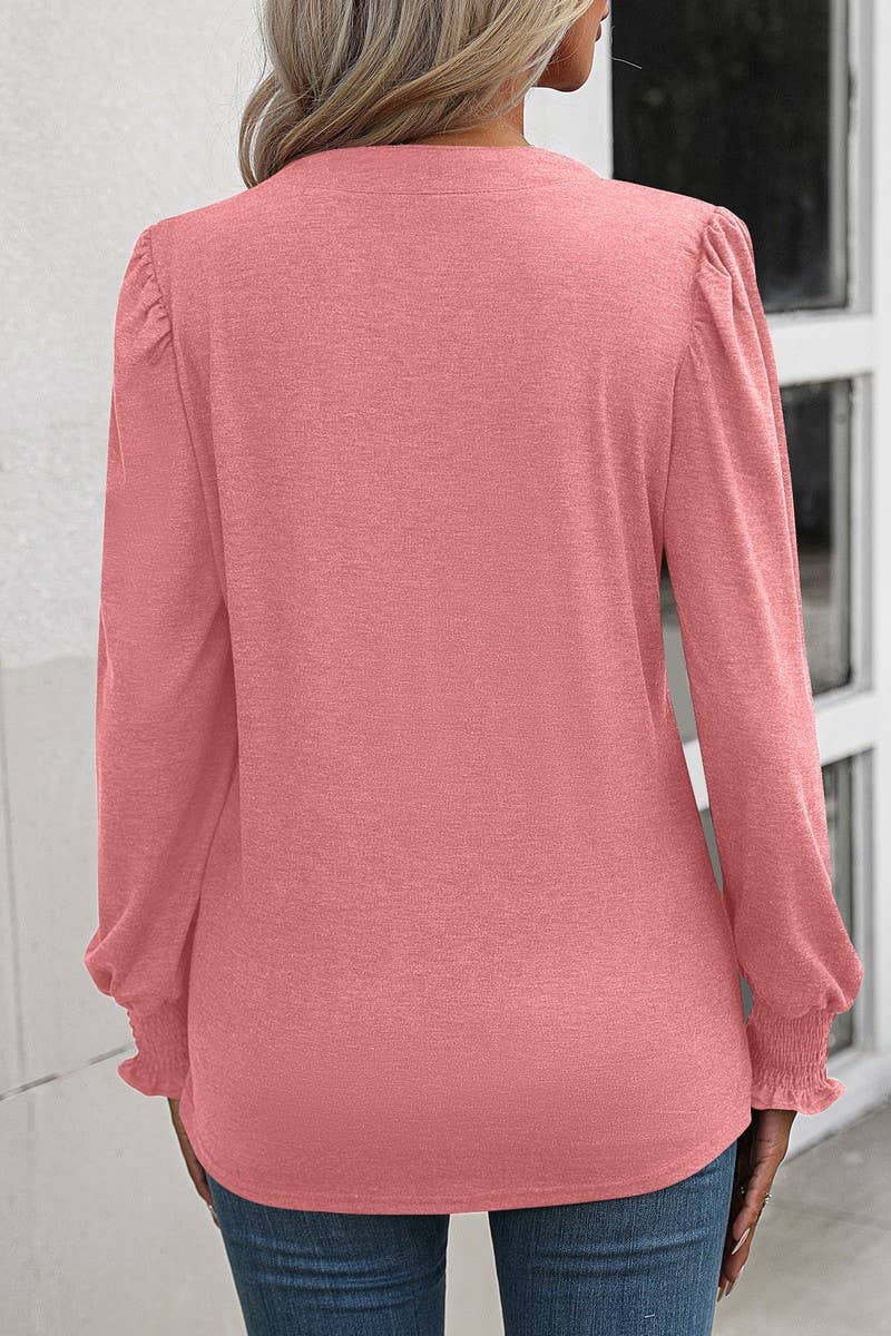 CWOSWL07637_SOLID V NECK PUFF SLEEVE RUCHED LONG SLEEVE TOP