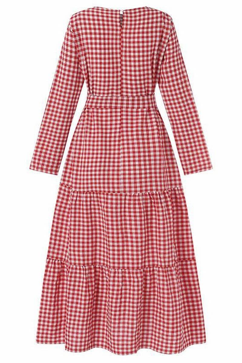 CWDMD3271_ROUND NECK PLAID BELT FULL SLEEVE MUSLIM DRESS