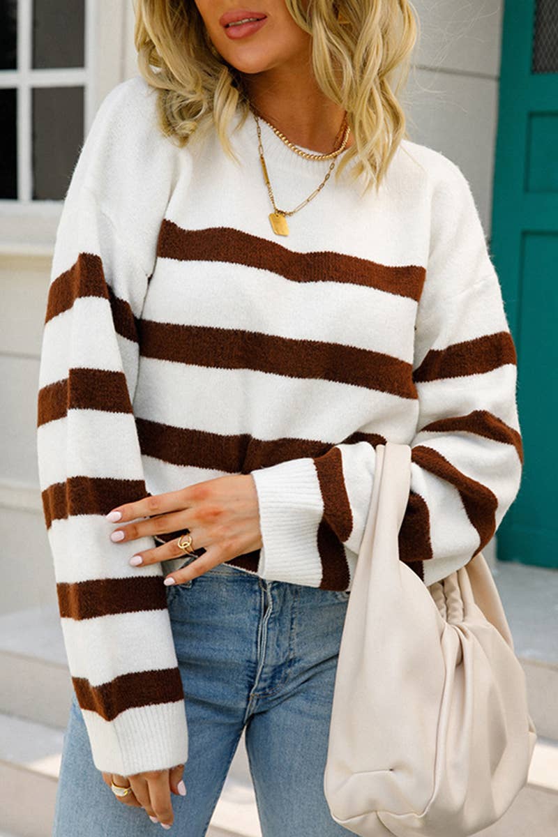 CREW NECK SLIM LOOSE STRIPED PULLOVER SWEATER