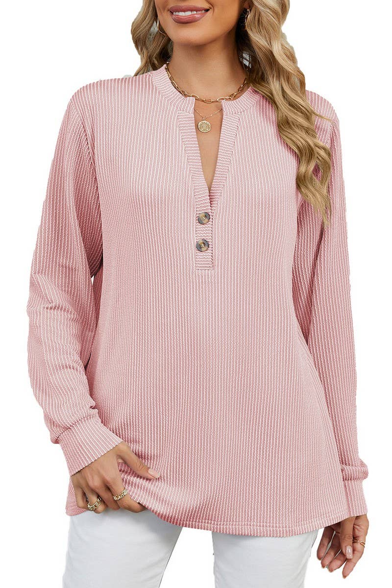 CWTBLL2362_LONG SLEEVE BUTTON V NECK STRIPED T-SHIRT TOP
