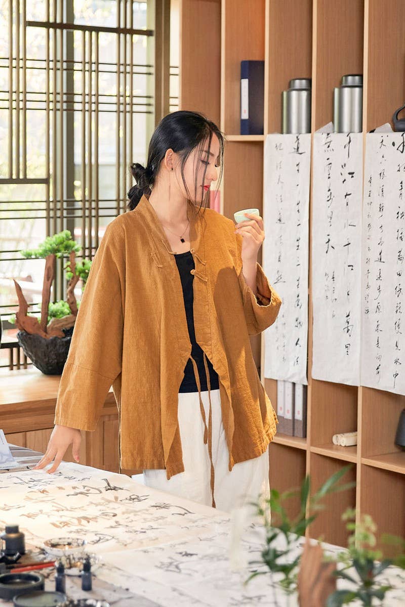 CWOCO0906_RAMIE STAND COLLAR TIE RETRO SHORT CARDIGAN COATS