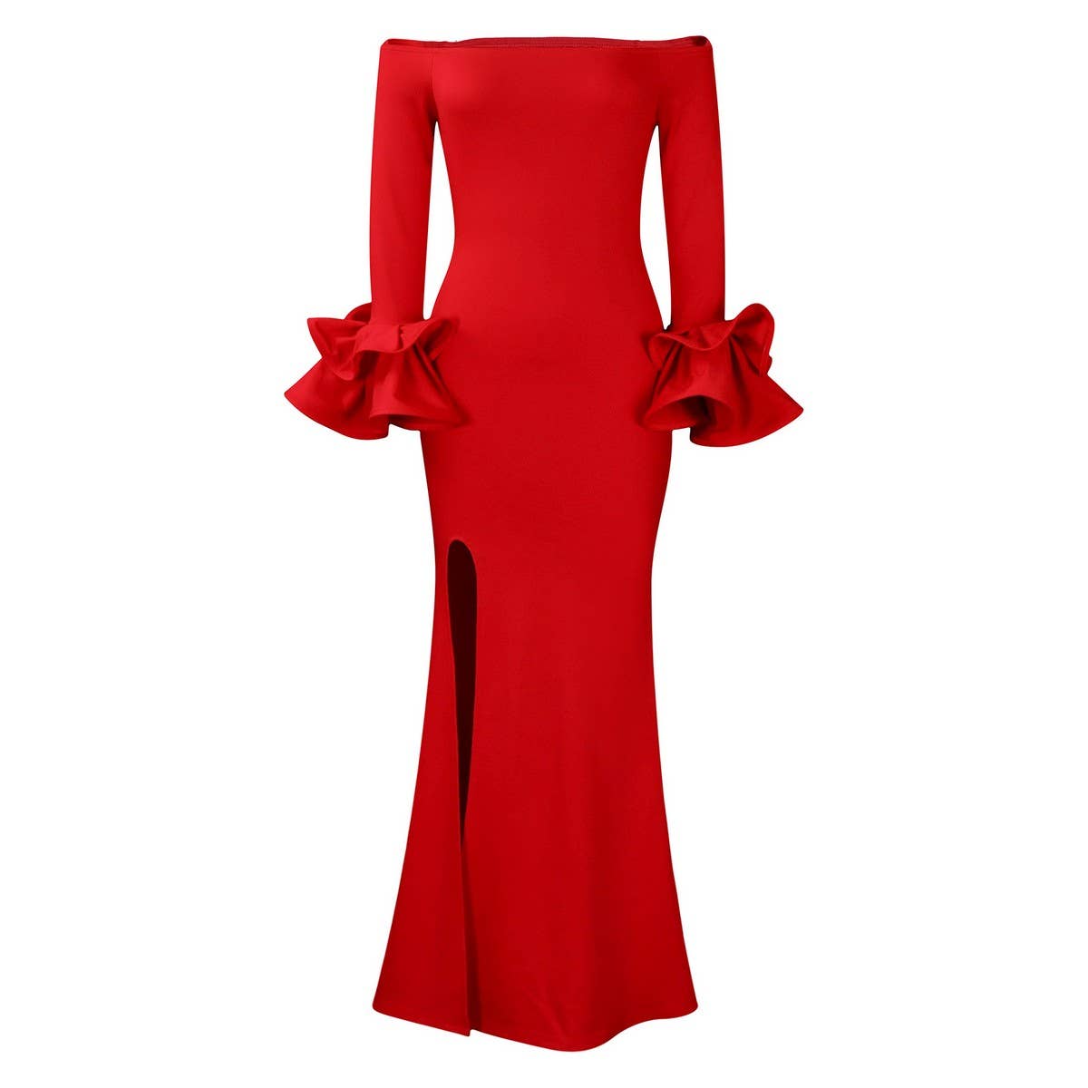 ONESHOULDER RUFFLE SLEEVE SLIMFIT DRESS WITH TRAIN_CWDMD3679