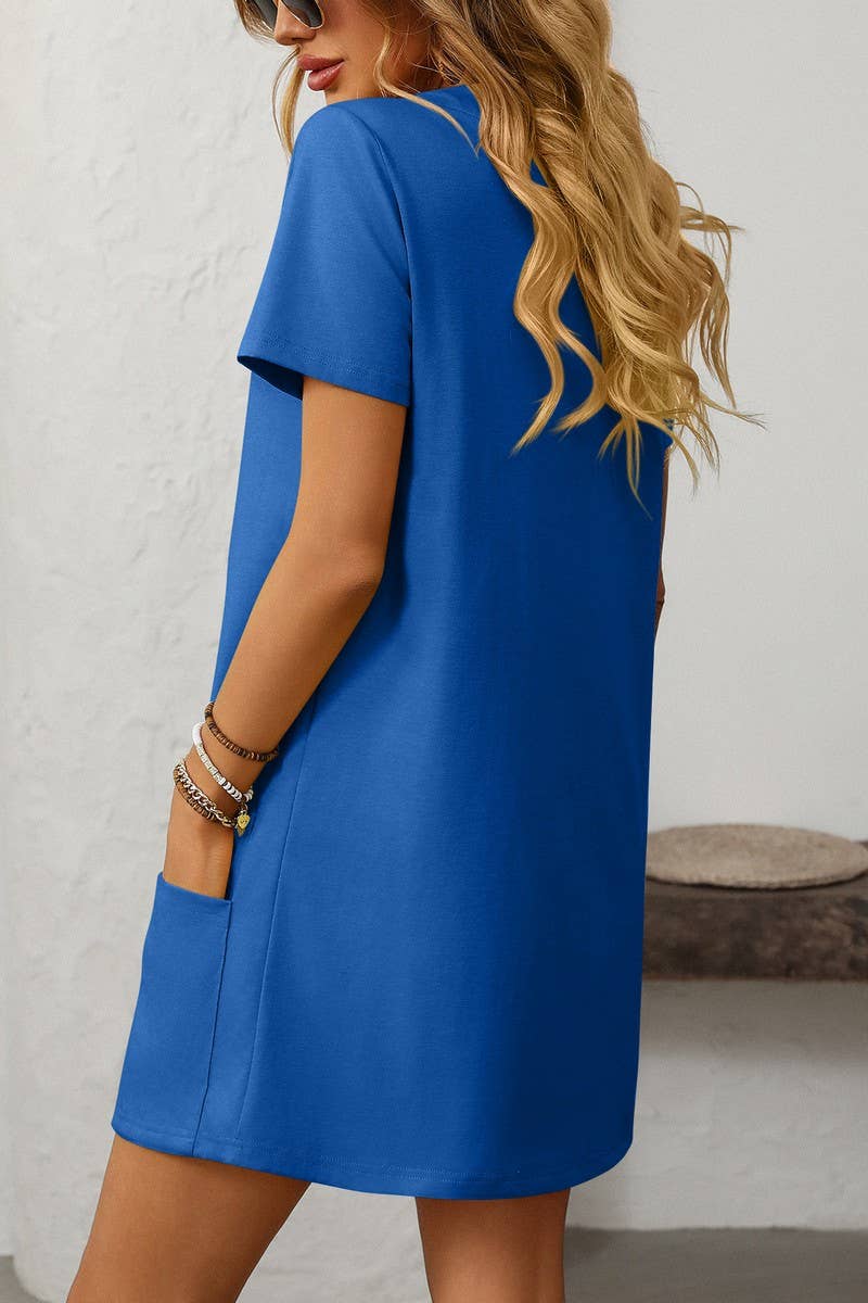CWDSD7257_SOLID COLOR SQUARE NECK POCKET SHORT SLEEVE DRESS