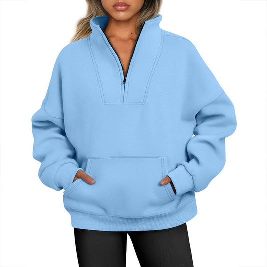 ZIPPER LOOSE STAND COLLAR SOLID COLOR HOODIE