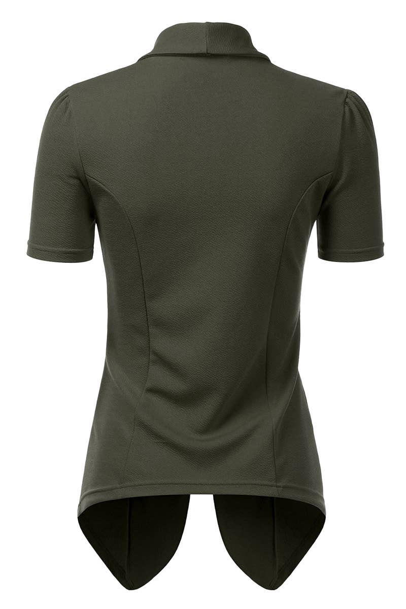 CWOBL095-P_Short Sleeve Open Front Draped Ruffles Blouses