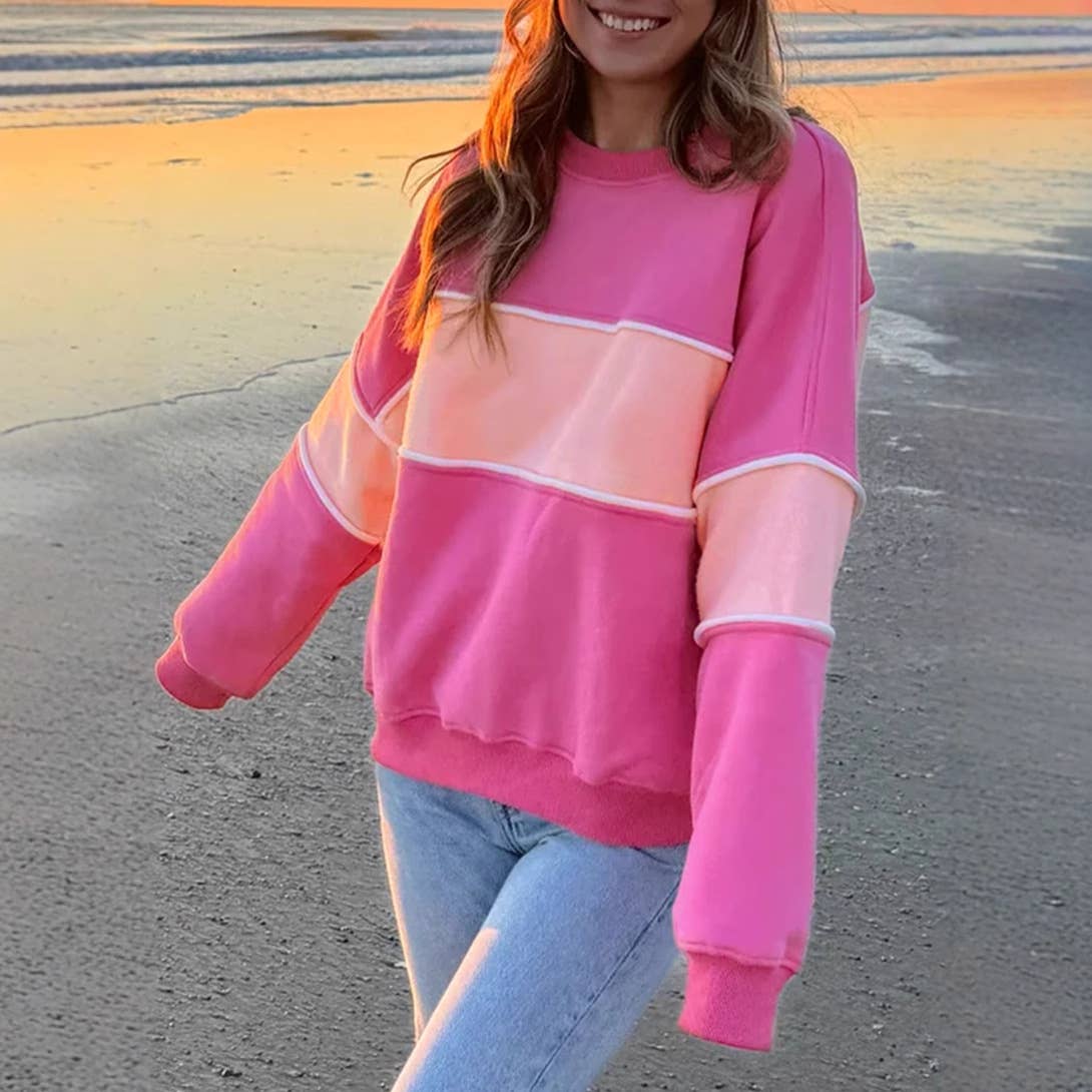 COLOR CONTRAST STITCHING CASUAL LOOSE HOODIE