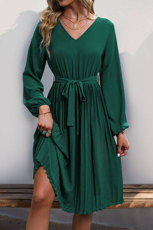 CWDMD4081_V-NECK LONG SLEEVE LACE-UP PLEATED DRESS