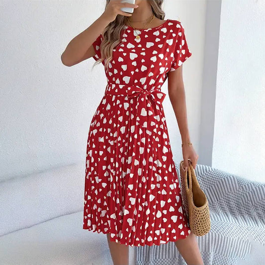 Casual love short sleeve waist pleated dress
