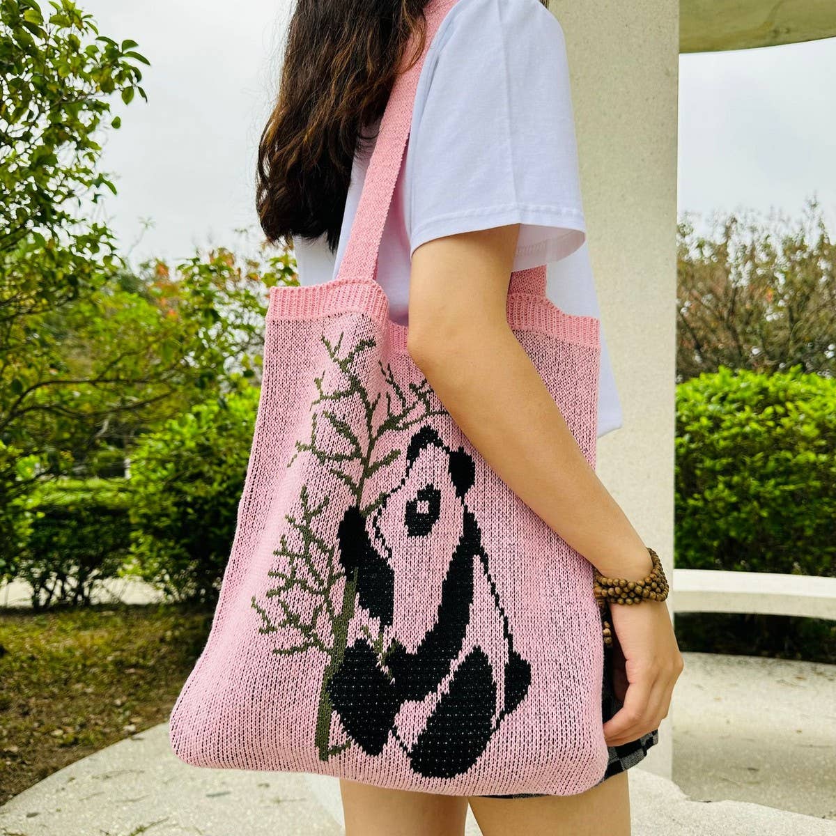 CWAB4581_PANDA PATTERN KNITTED HOLLOW WOVEN SHOULDER BAG