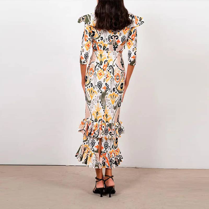 CUT-OUT FLY-SLEEVE PRINT DRESS