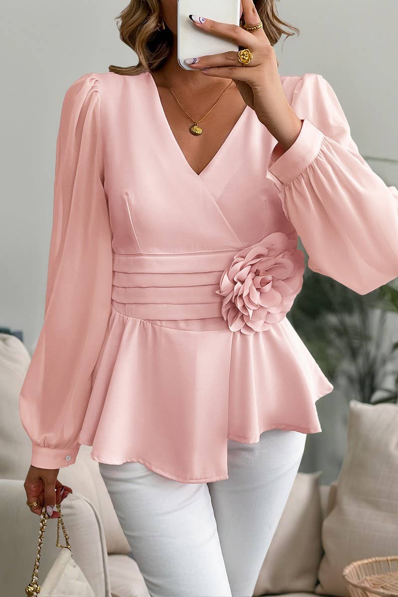 CWTBLL4075_WAIST CINCH V-NECK 3D FLORAL SHIRT BLOUSE