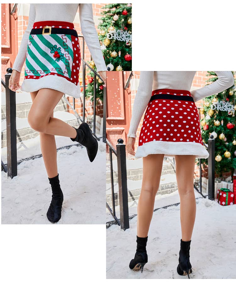Christmas patchwork knitted stretch belt skirt