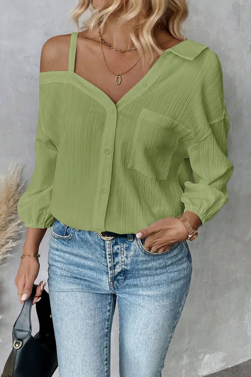 CWTSTL2794_LAPEL OFF-SHOULDER TEXTURED SINGLE-BREASTED SHIRT