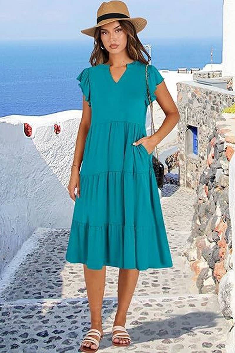 CWDMD6340_V-NECK RUFFLE SLEEVES WIDE POCKET DRESS